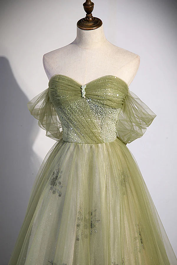 Wholesale Green Tulle Sweetheart Neckline Long Prom Dress Green Strapless Evening Dress
